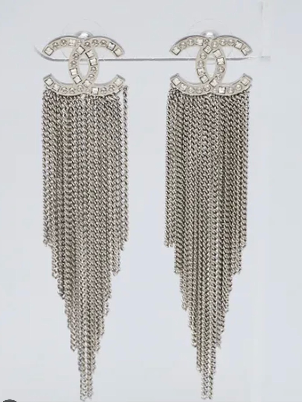 CHANEL Silver CC Fringe Chain Drop Earrings